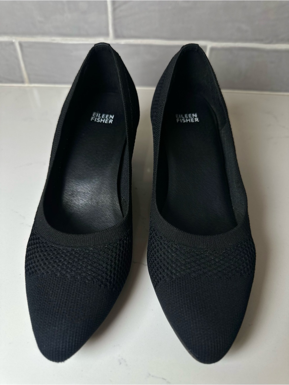 Eileen Fisher Kiss Pump Black Fabric Stretch Knit Pointed-Toe Heel Wesve Size 10